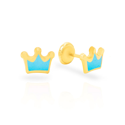 14K Yellow Gold Light Blue Crown Enamel Screwback Earrings