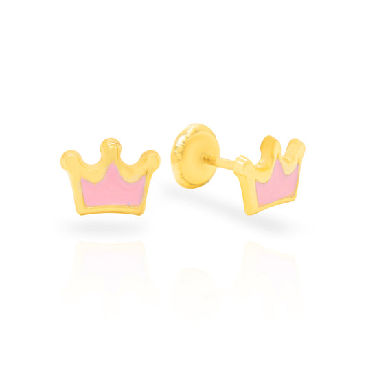 14K Yellow Gold Pink Crown Enamel Screwback Earrings