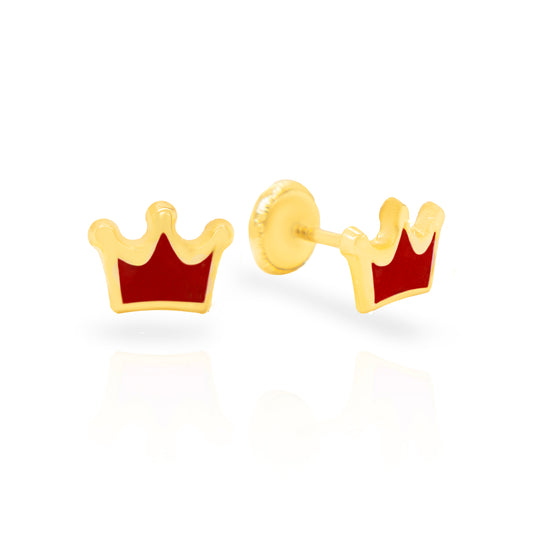 14K Yellow Gold Red Crown Enamel Screwback Earrings