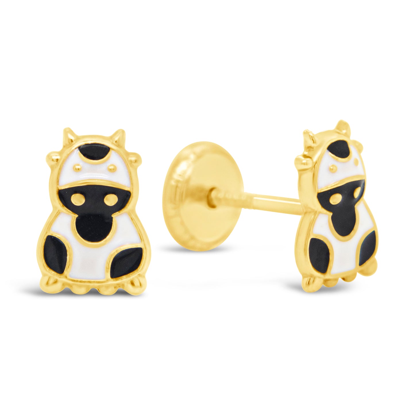 14K Yellow Gold Enamel Cow Screwback Earring