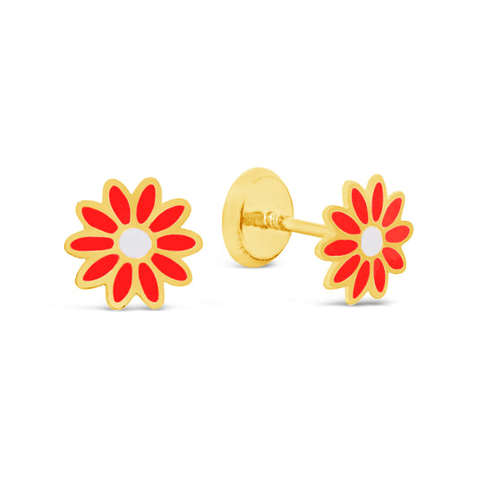 14K Yellow Gold Red and White Daisy Flower Enamel Screwback Earrings