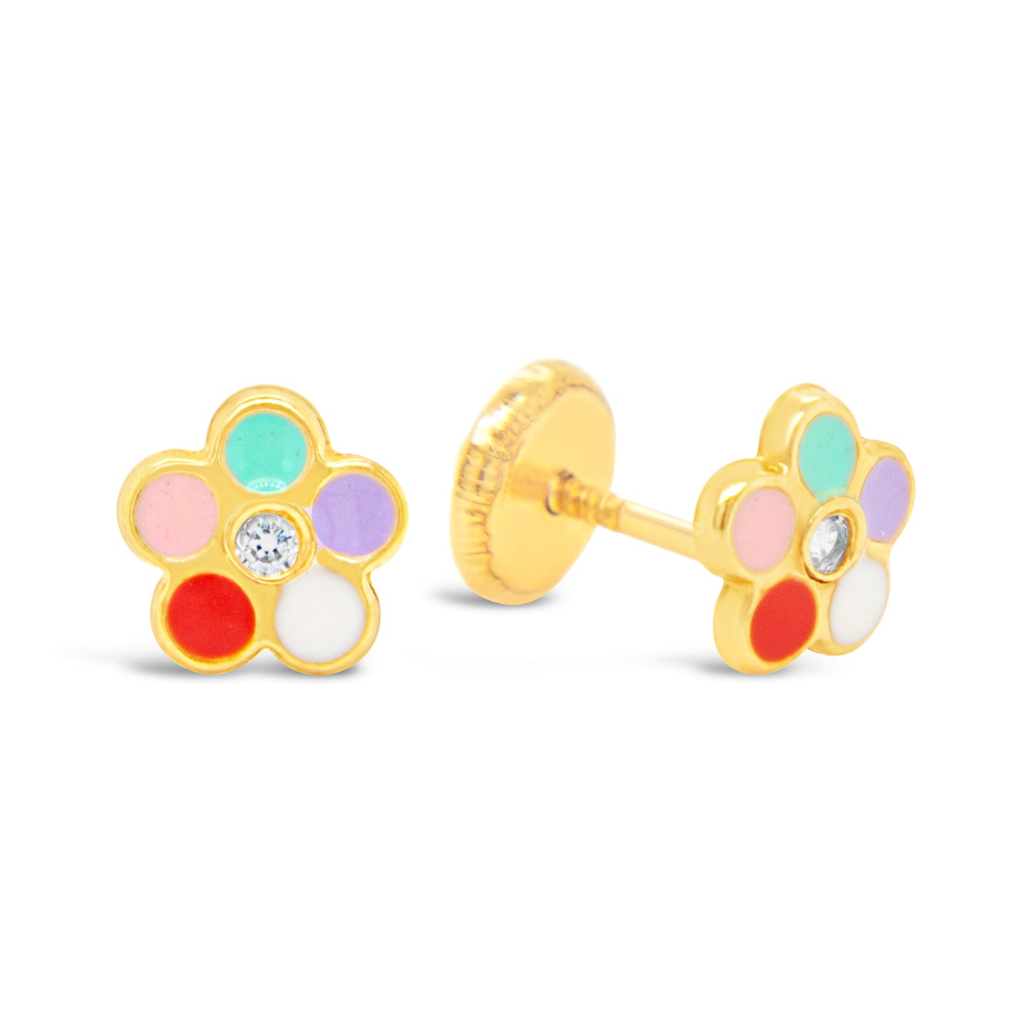 14K Yellow Gold CZ Multicolor Flower Screwback Earrings