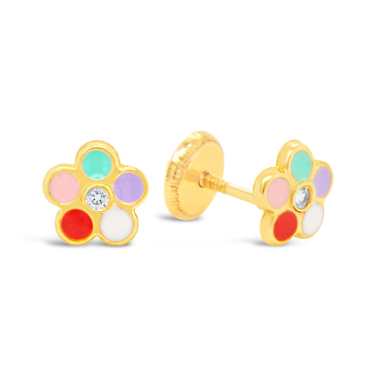 14K Yellow Gold CZ Multicolor Flower Screwback Earrings