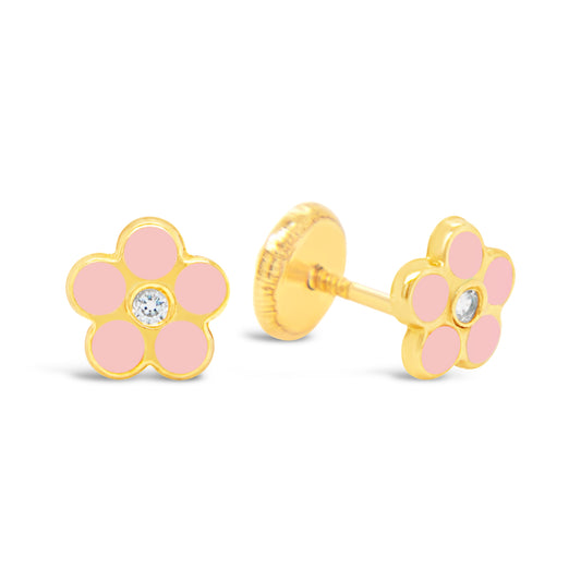 14K Yellow Gold CZ Pink Flower Screwback Earrings