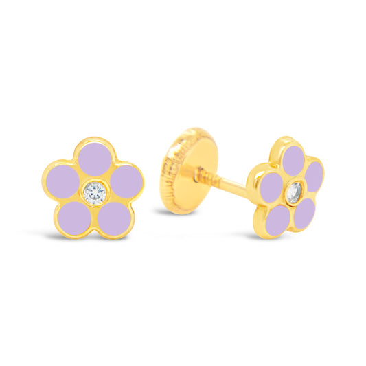 14K Yellow Gold CZ Purple Flower Screwback Earrings