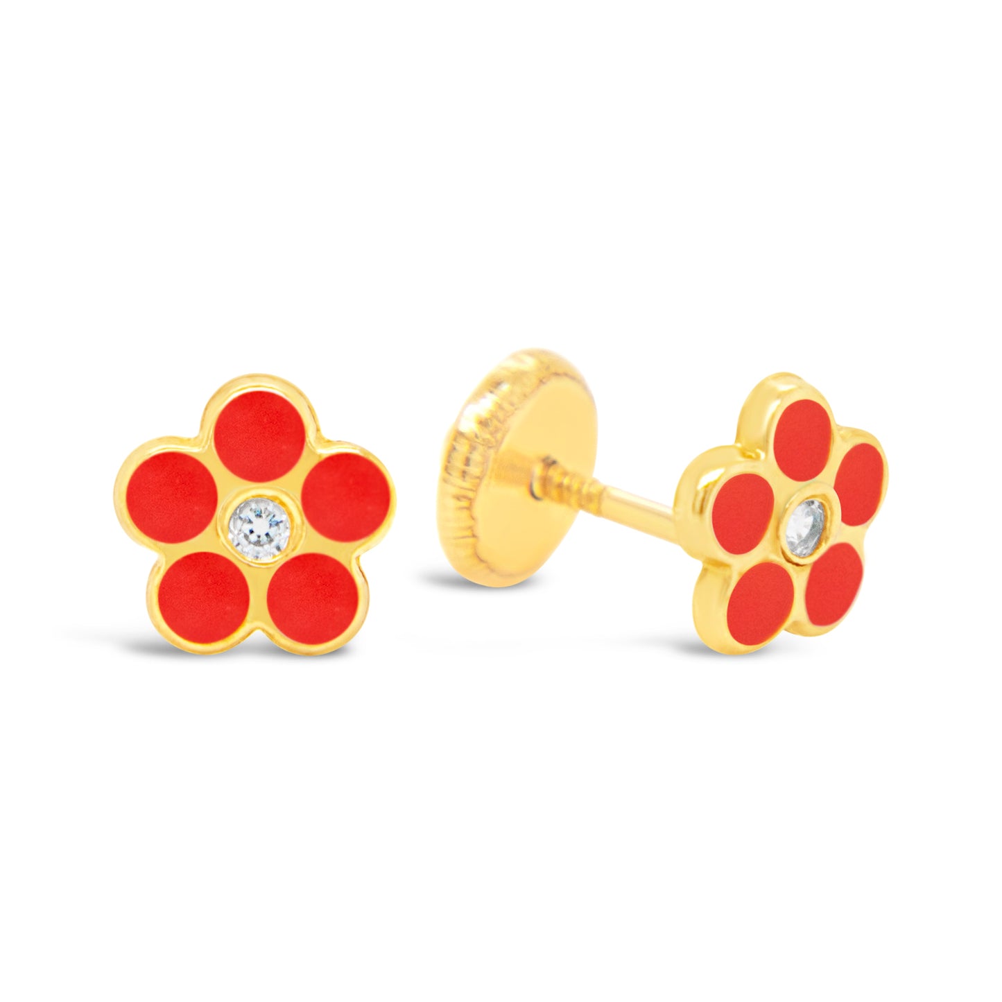 14K Yellow Gold CZ Red Flower Screwback Earrings