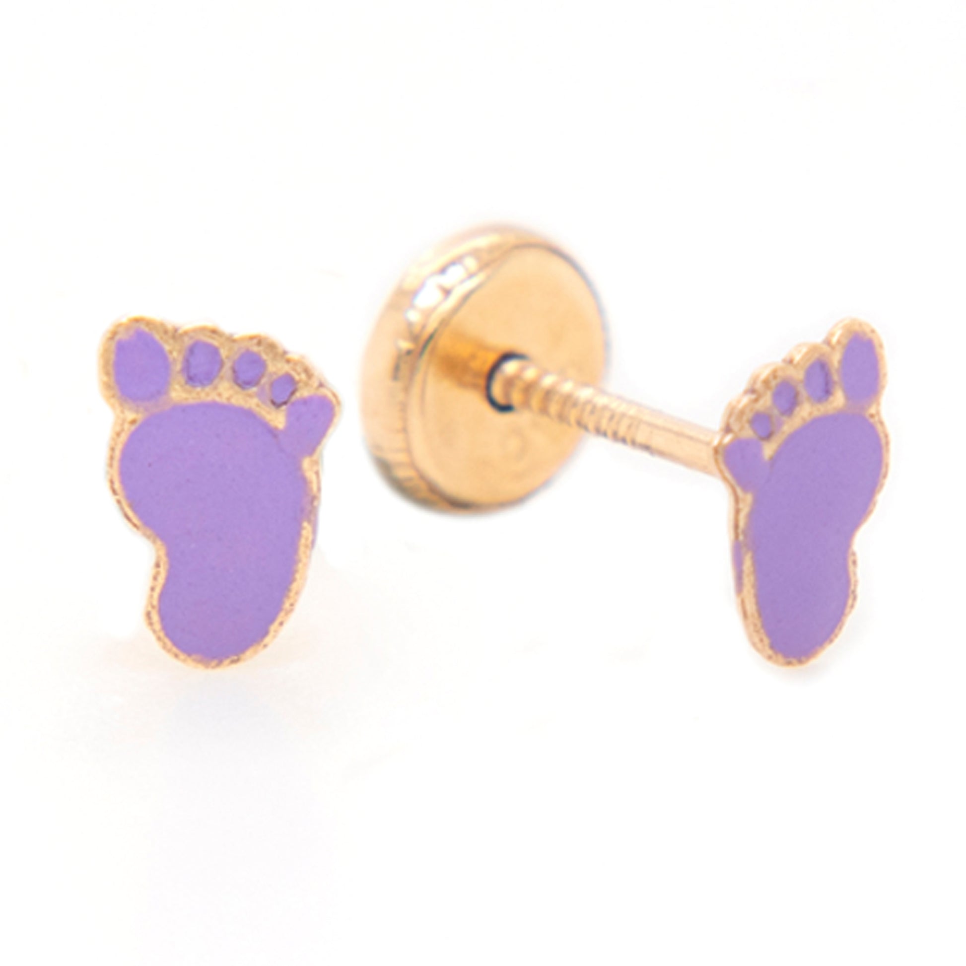 14K Yellow Gold Purple Footprint Enamel Screwback Earrings