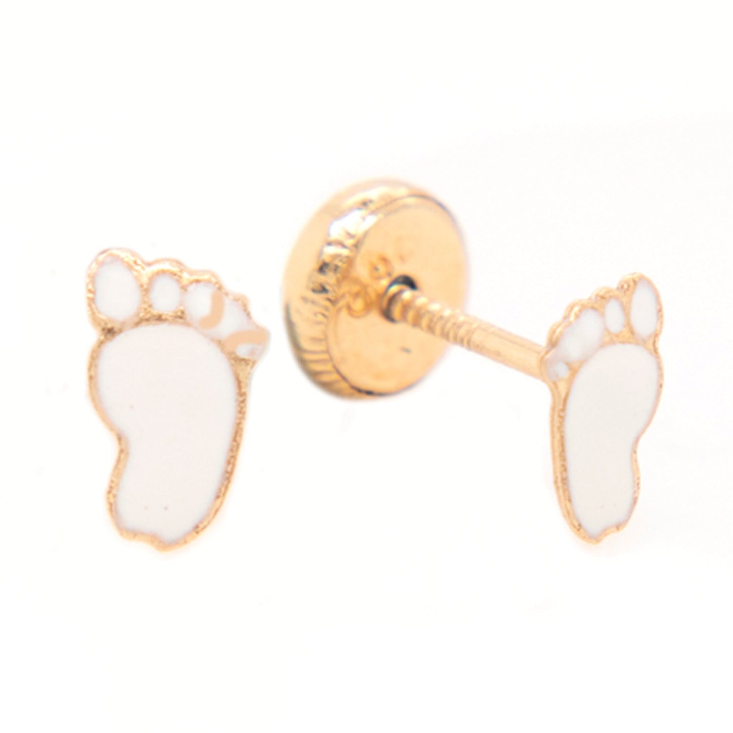 14K Yellow Gold White Footprint Enamel Screwback Earrings