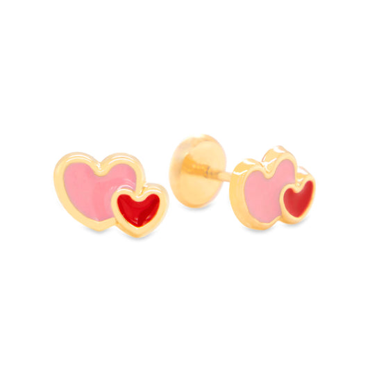 14K Yellow Gold Pink and Red Hearts Enamel Screwback Earrings
