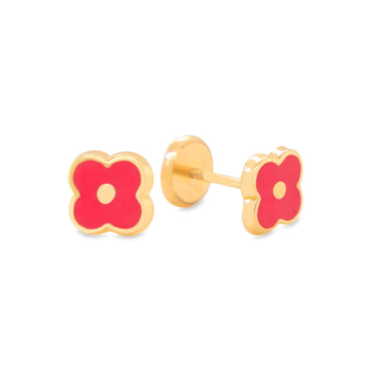 14K Yellow Gold Red Flower Enamel Screwback Earrings