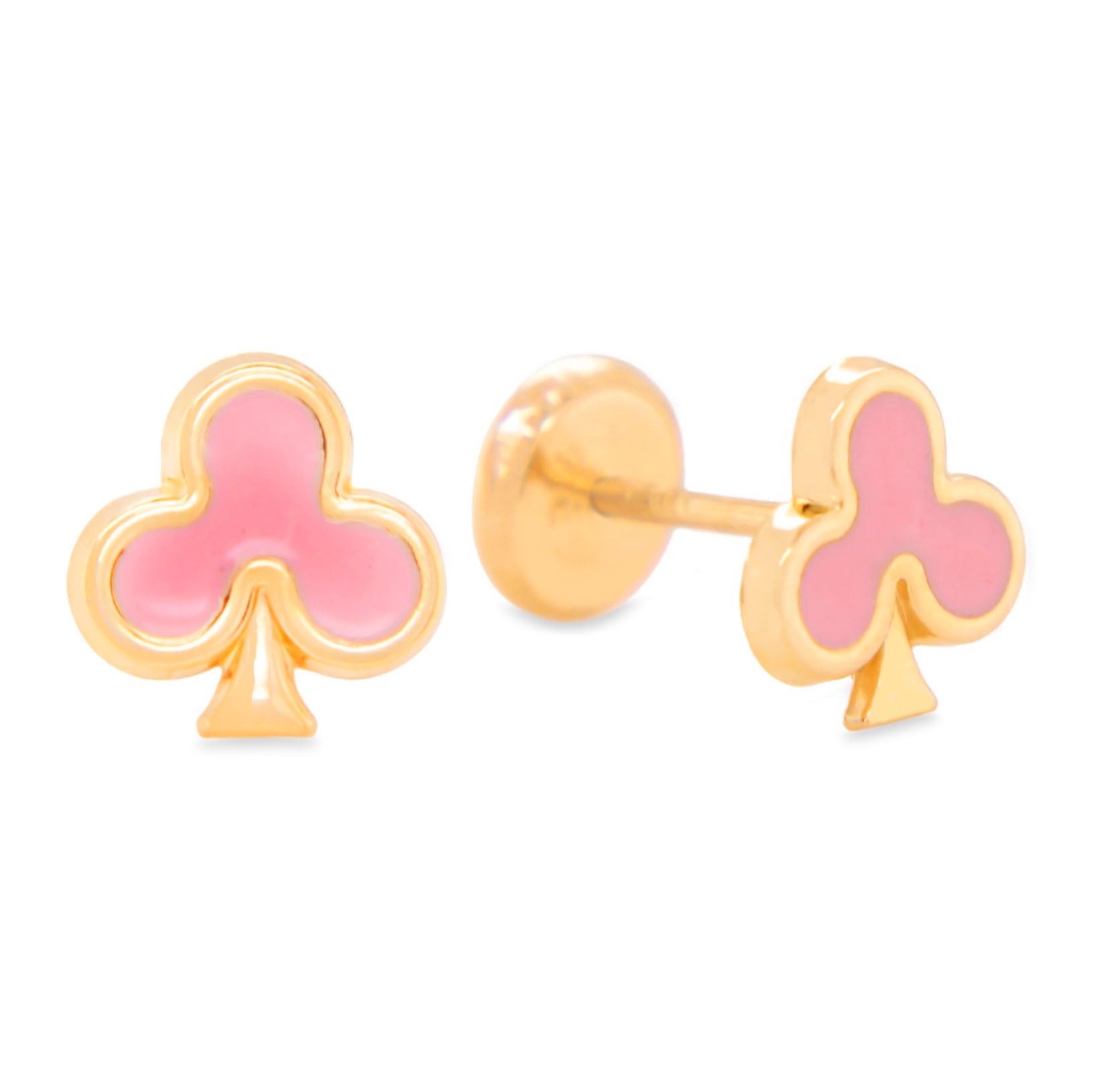 14K Yellow Gold Pink Club Enamel Screwback Earrings