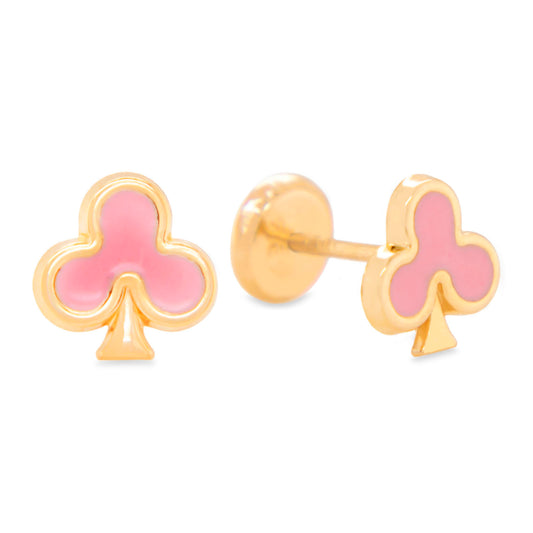 14K Yellow Gold Pink Club Enamel Screwback Earrings