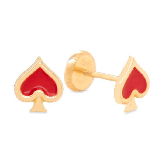14K Yellow Gold Red Spade Enamel Screwback Earrings