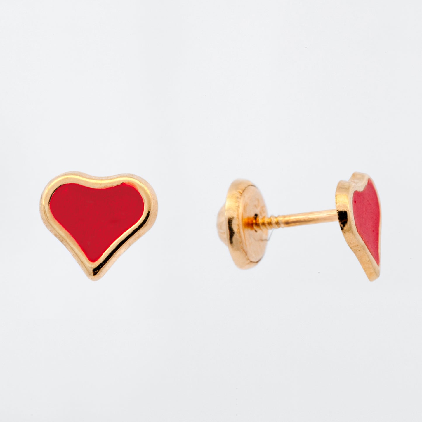 14K Yellow Gold Medium Red Heart Enamel Screwback Earrings
