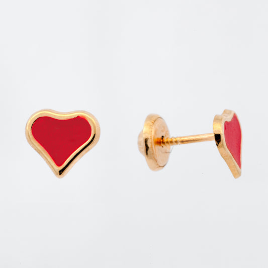 14K Yellow Gold Medium Red Heart Enamel Screwback Earrings