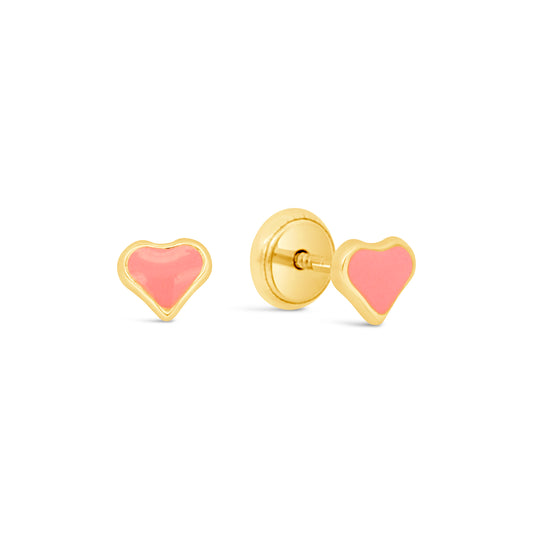 14K Yellow Gold Small Pink Heart Enamel Screwback Earrings