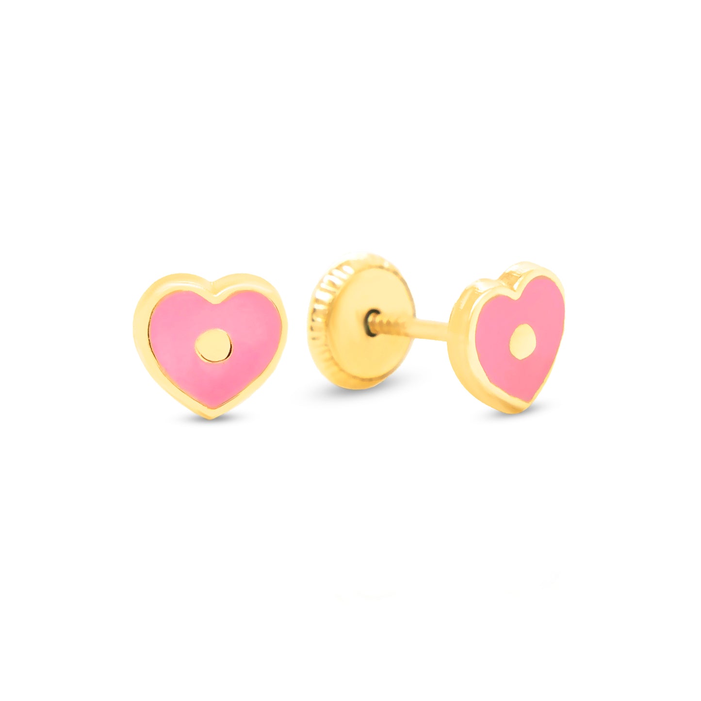 14K Yellow Gold Pink Heart Enamel Screwback Earrings