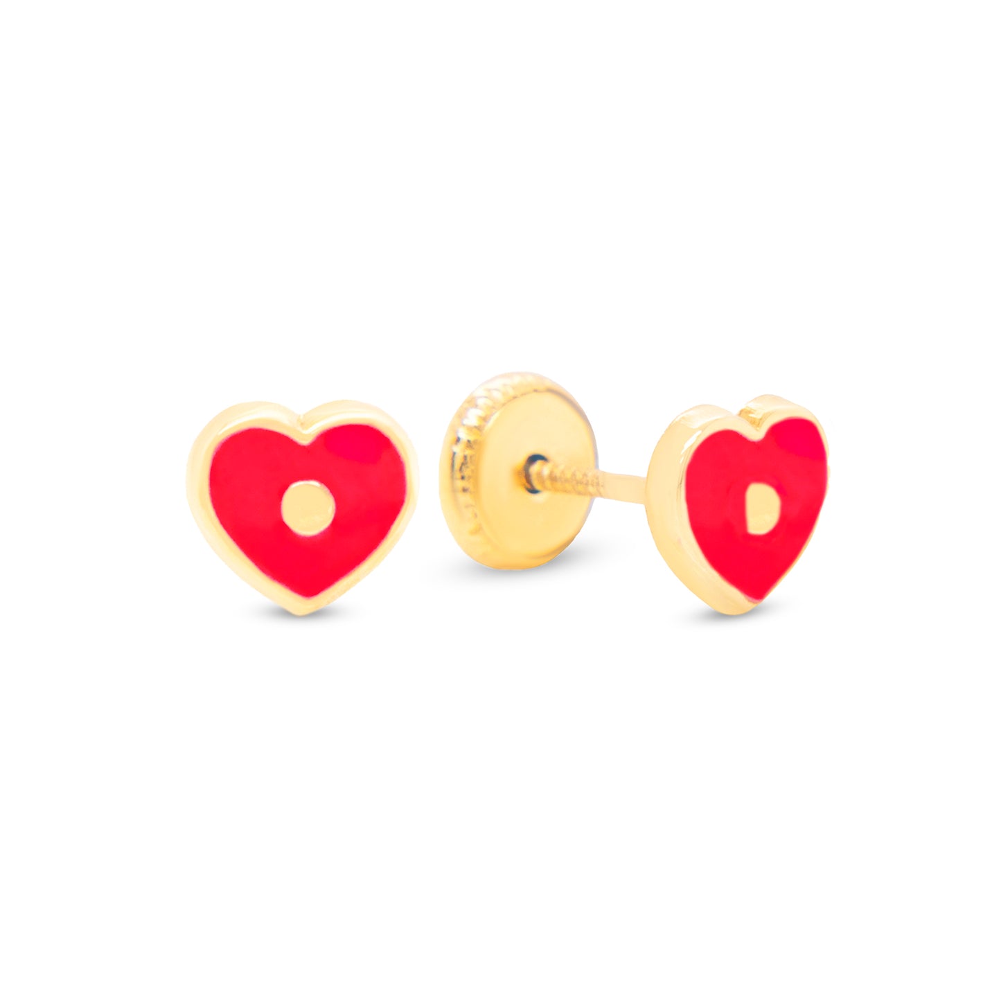 14K Yellow Gold Red Heart Enamel Screwback Earrings