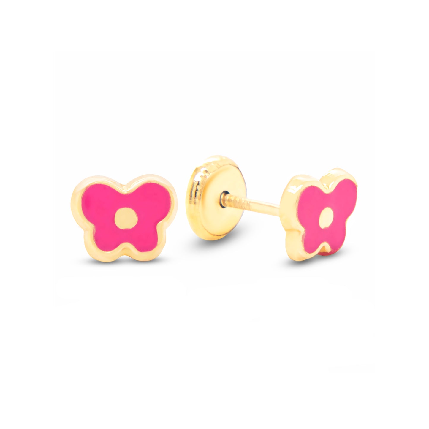 14K Yellow Gold Red Butterfly Enamel Screwback Earrings