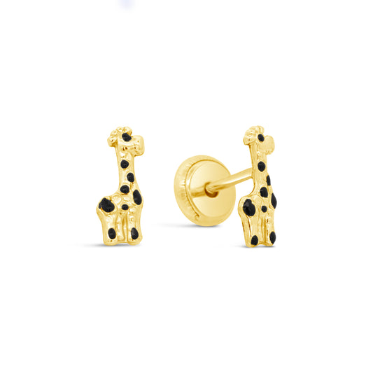 14K Yellow Gold Black Giraffe Enamel Screwback Earrings