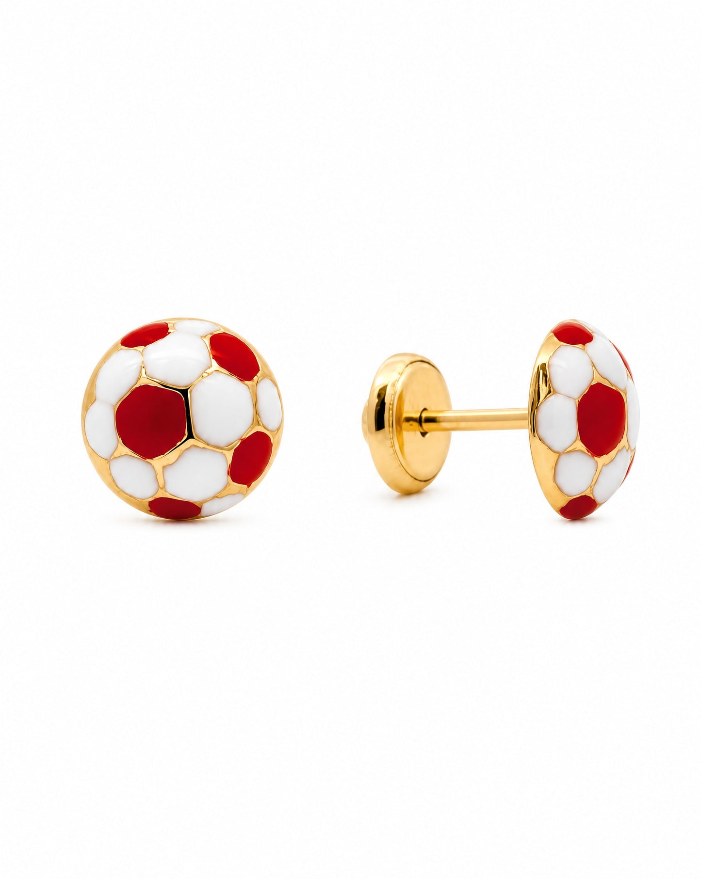 14K Yellow Gold Soccer Ball Red Enamel Screwback Earrings