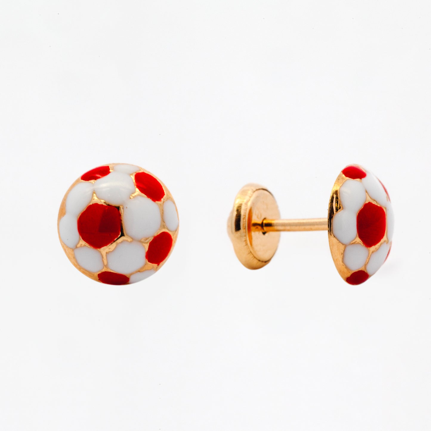 14K Yellow Gold Soccer Ball Red Enamel Screwback Earrings