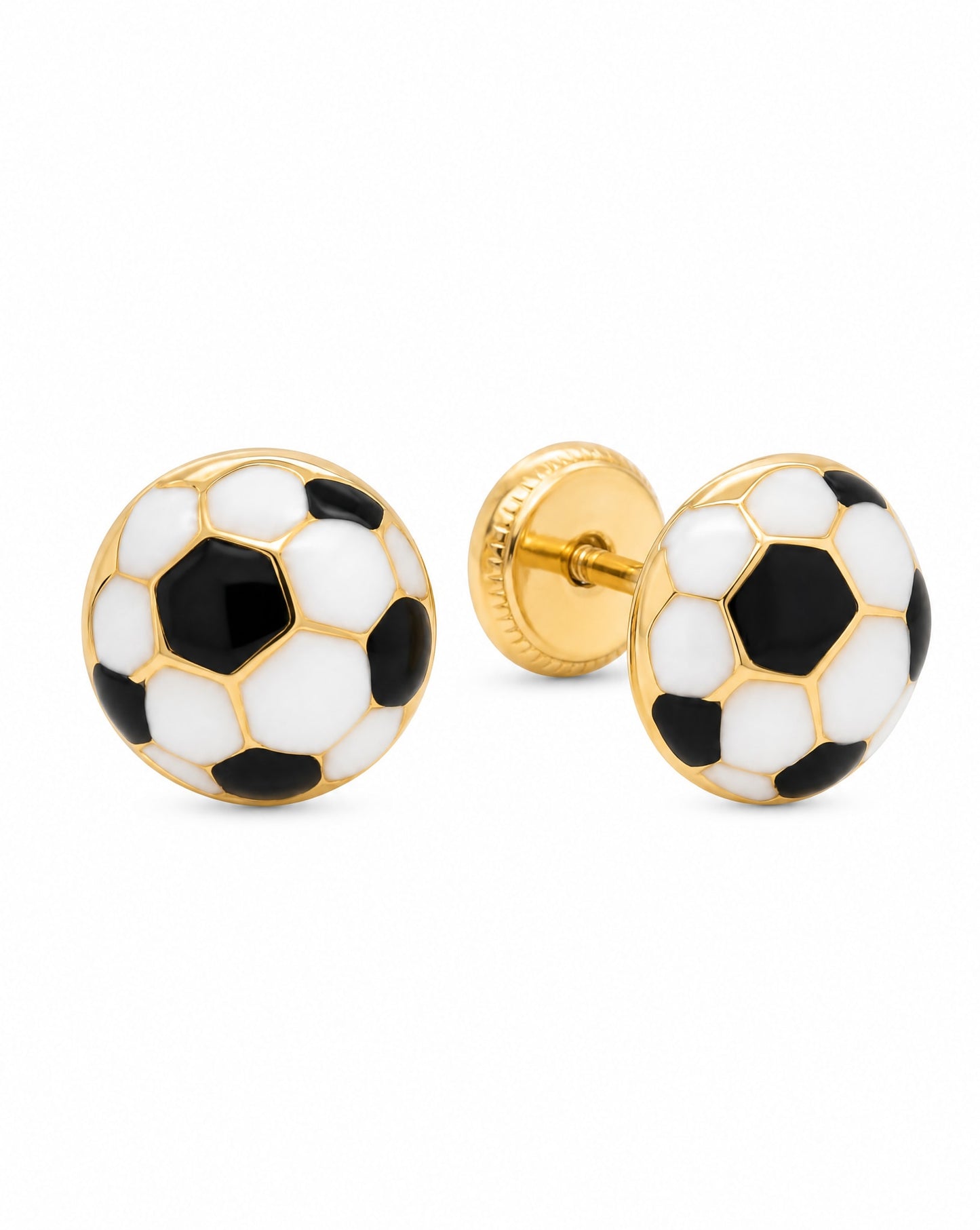 14K Yellow Gold Soccer Ball Enamel Screwback Earrings