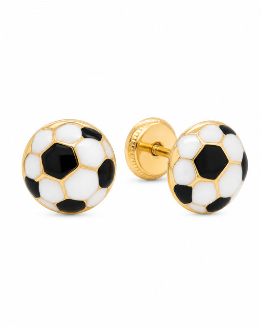 14K Yellow Gold Soccer Ball Enamel Screwback Earrings
