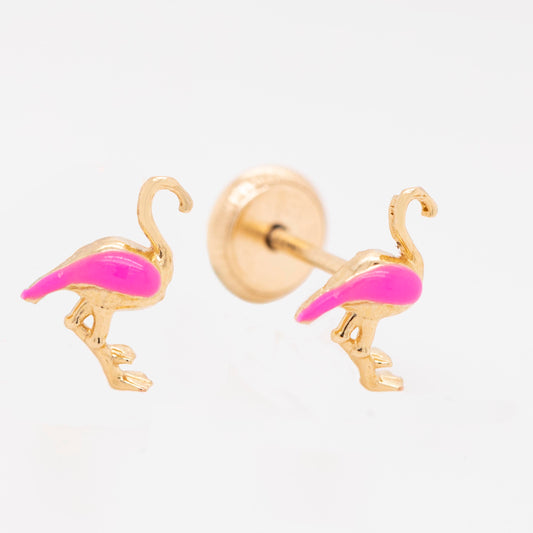 14K Yellow Gold Pink Flamingo Enamel Screwback Earrings
