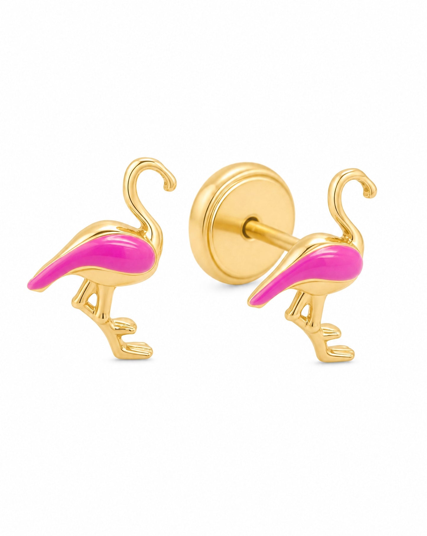 14K Yellow Gold Pink Flamingo Enamel Screwback Earrings