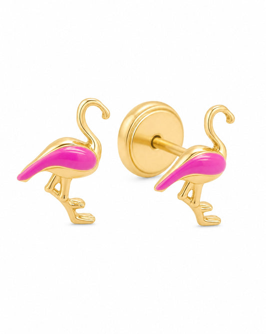 14K Yellow Gold Pink Flamingo Enamel Screwback Earrings