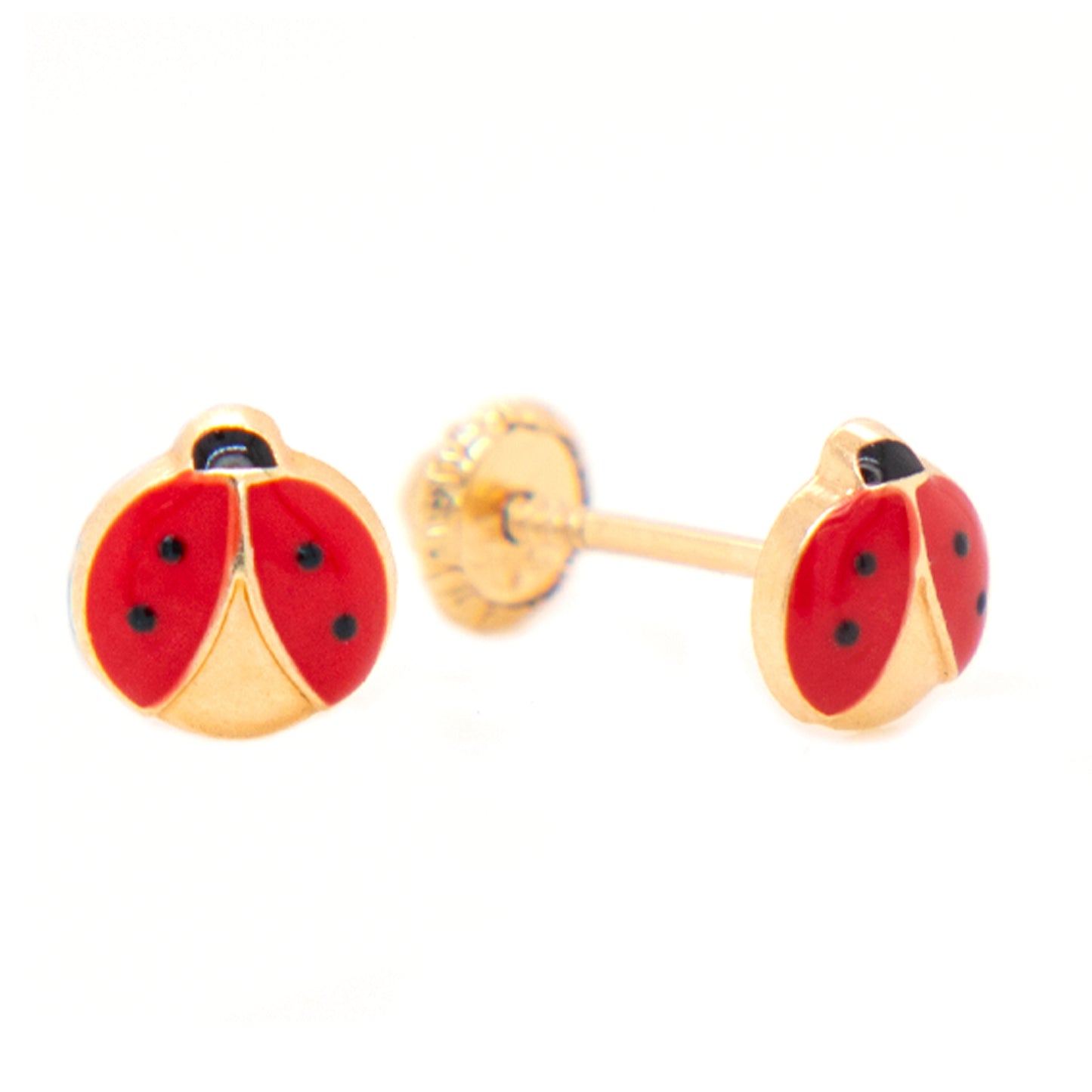 14K Yellow Gold Enamel Red Ladybug Enamel Screwback Earrings