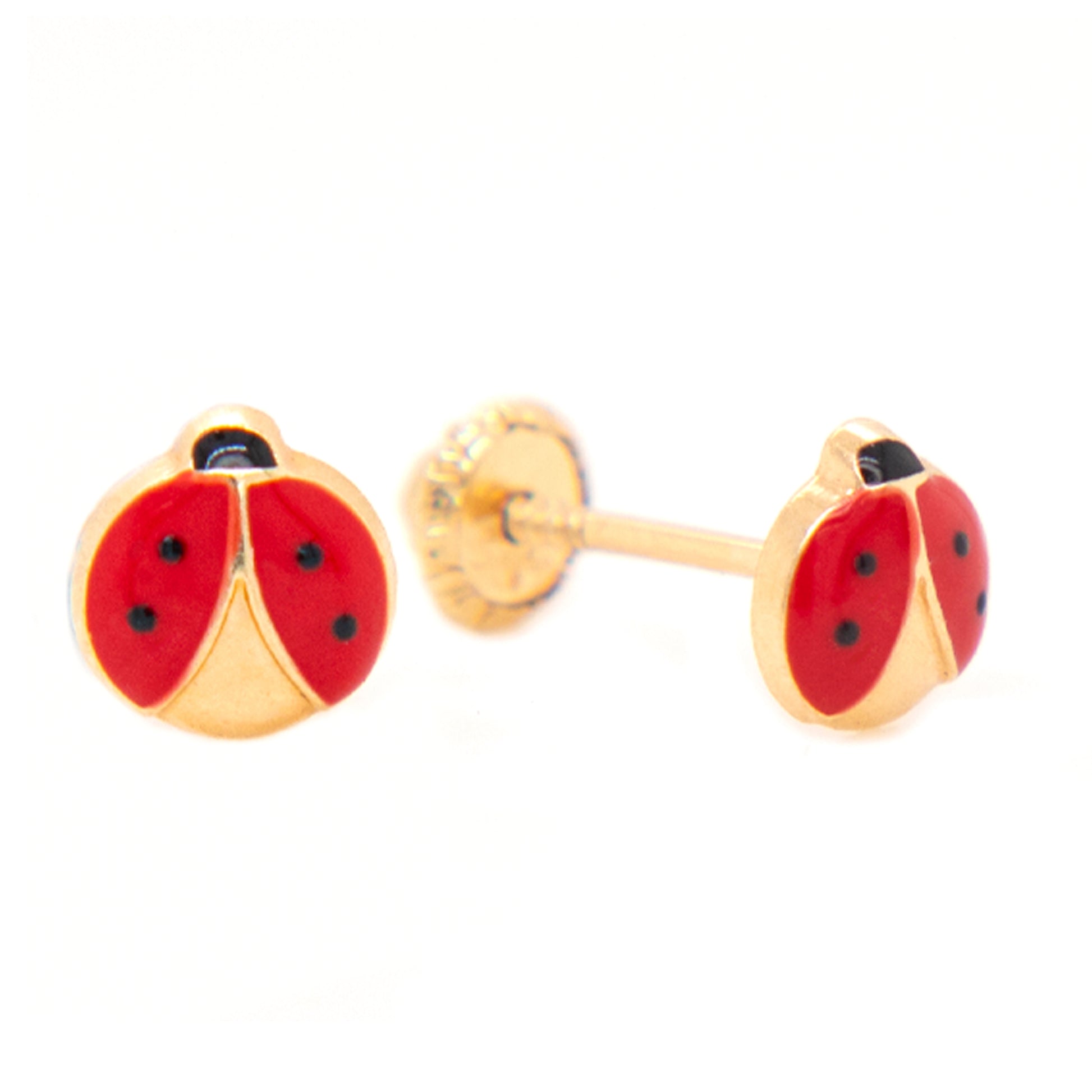 14K Yellow Gold Enamel Red Ladybug Enamel Screwback Earrings