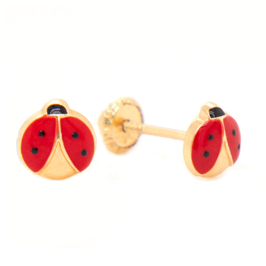 14K Yellow Gold Enamel Red Ladybug Enamel Screwback Earrings