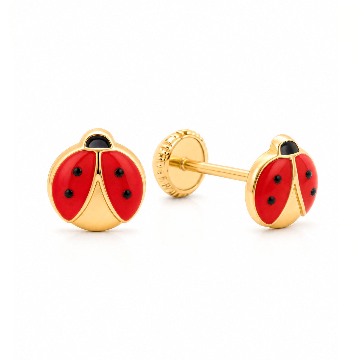 14K Yellow Gold Enamel Red Ladybug Enamel Screwback Earrings