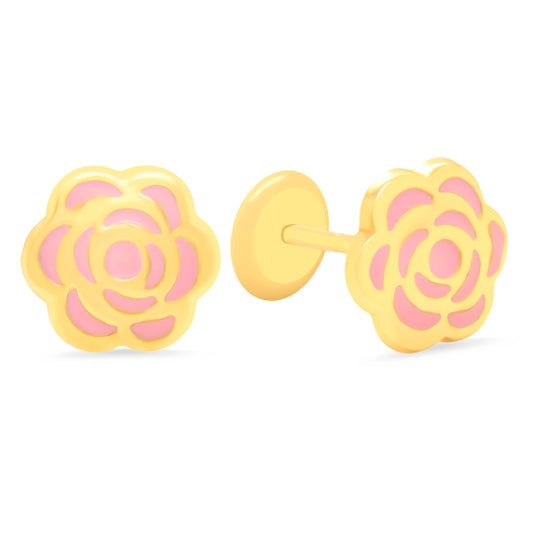 14K Yellow Gold Pink Flower Enamel Screwback Earrings