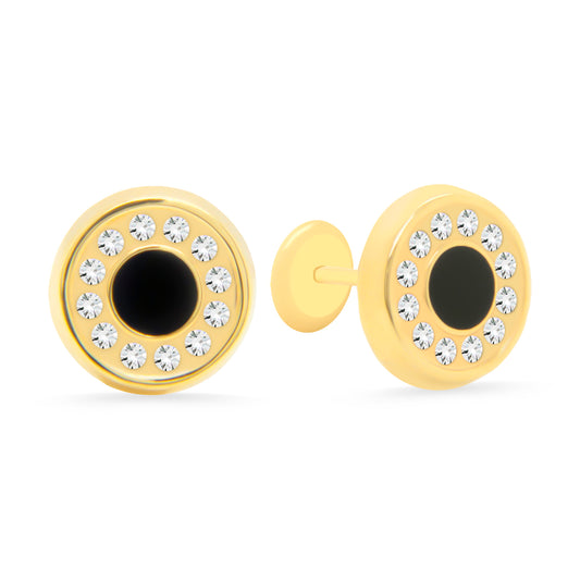 14K Yellow Gold Black Round and CZ Enamel Screwback Earrings