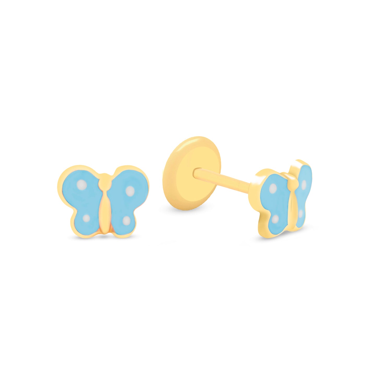 14K Yellow Gold Light Blue Butterfly Enamel Screwback Earrings