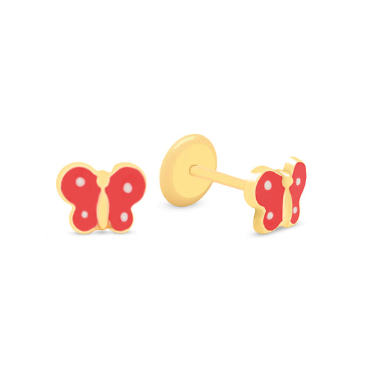 14K Yellow Gold Red Butterfly Enamel Screwback Earrings