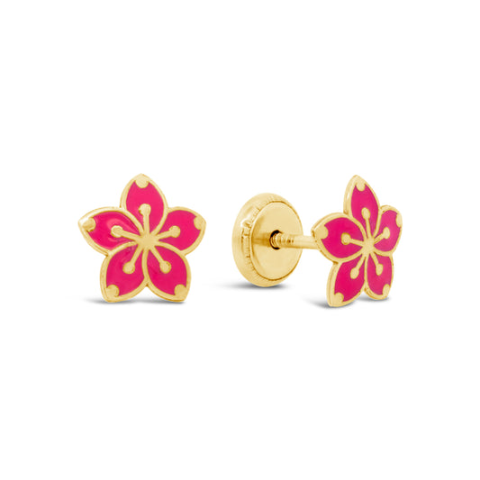 14K Yellow Gold Pink Hibiscus Flower Enamel Screwback Earrings