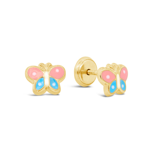 14K Gold Enamel Multicolor Butterfly Enamel Screwback Earrings