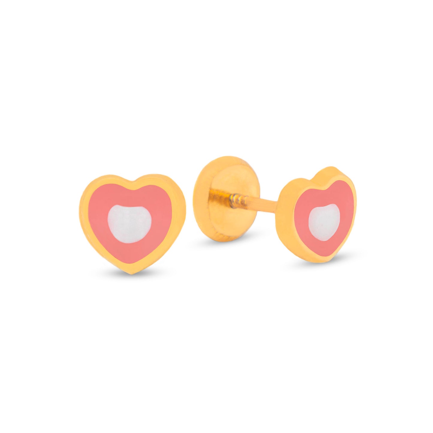 14K Yellow Gold Medium Pink and White Heart Enamel Screwback Earrings