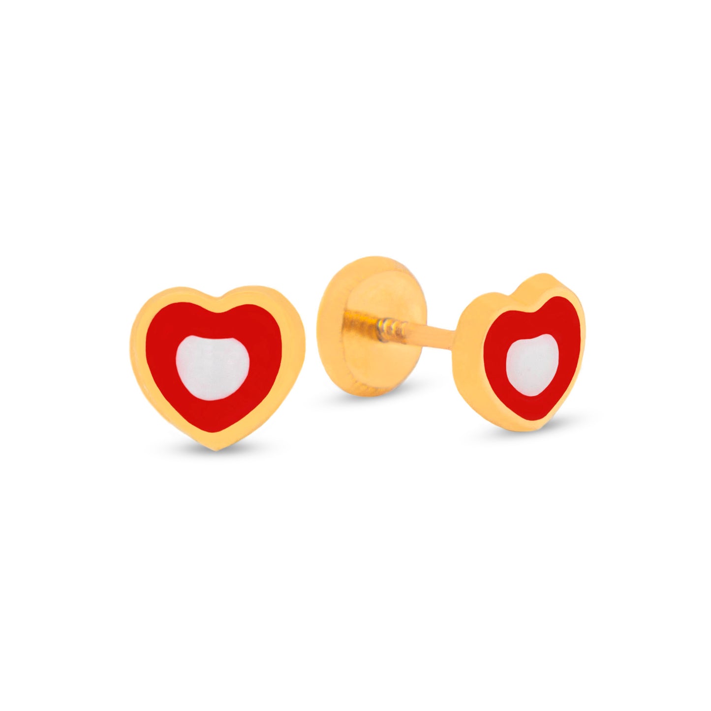 14K Yellow Gold Medium Red and White Heart Enamel Screwback Earrings