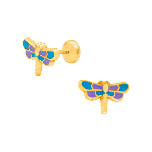 14K Gold Enamel Purple Dragonfly Enamel Screwback Earring