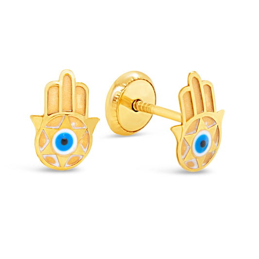 14K Yellow Gold Hamsa Enamel Screwback Earrings