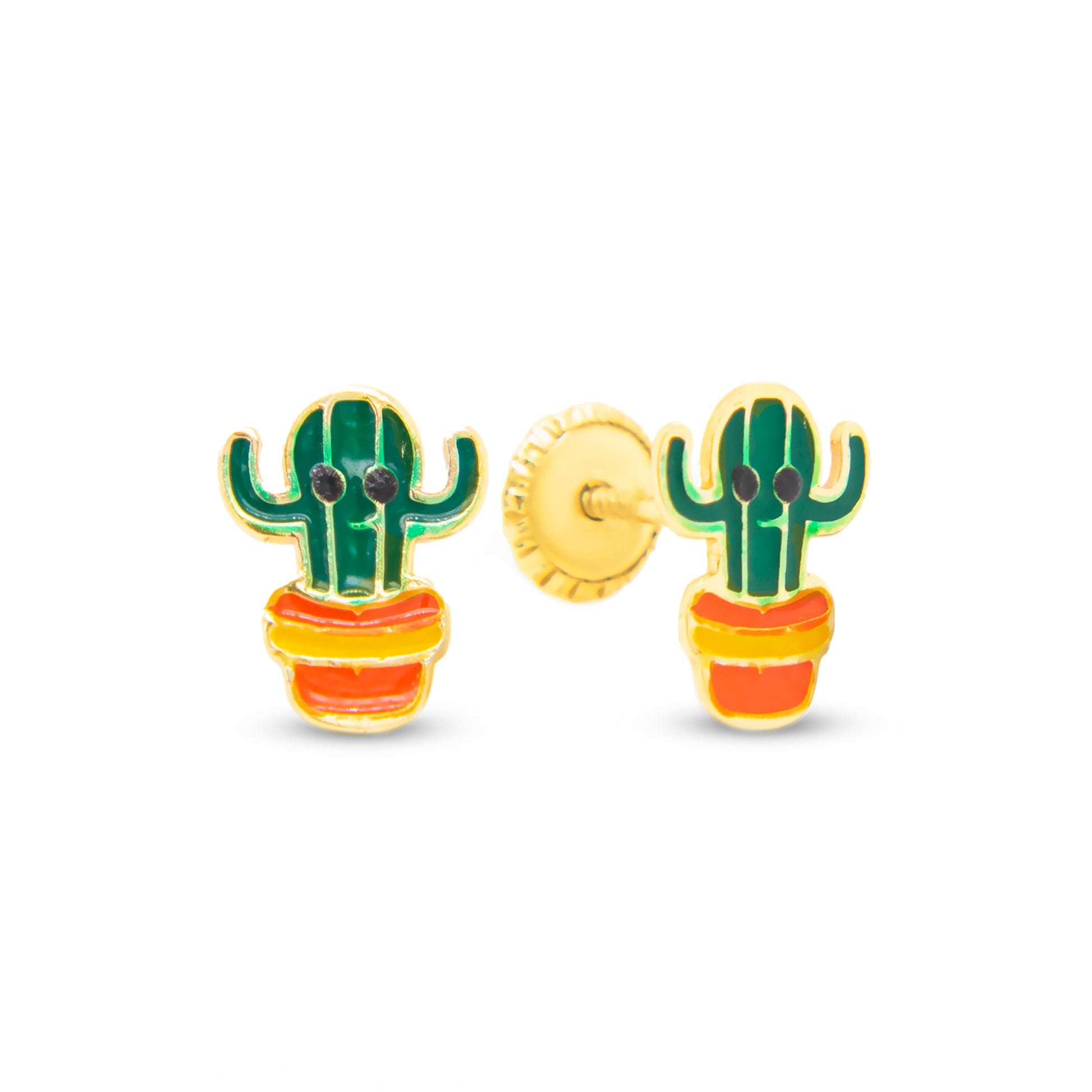 14K Yellow Gold Happy Cactus Enamel Screwback Earrings