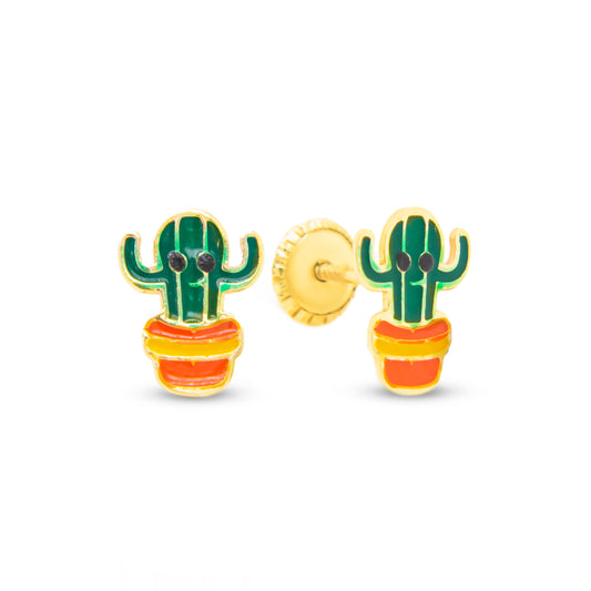 14K Yellow Gold Happy Cactus Enamel Screwback Earrings