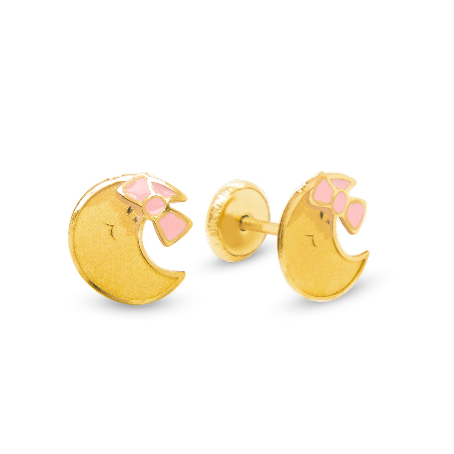 14K Yellow Gold Moon with Ribbon Enamel Screwback Earrings