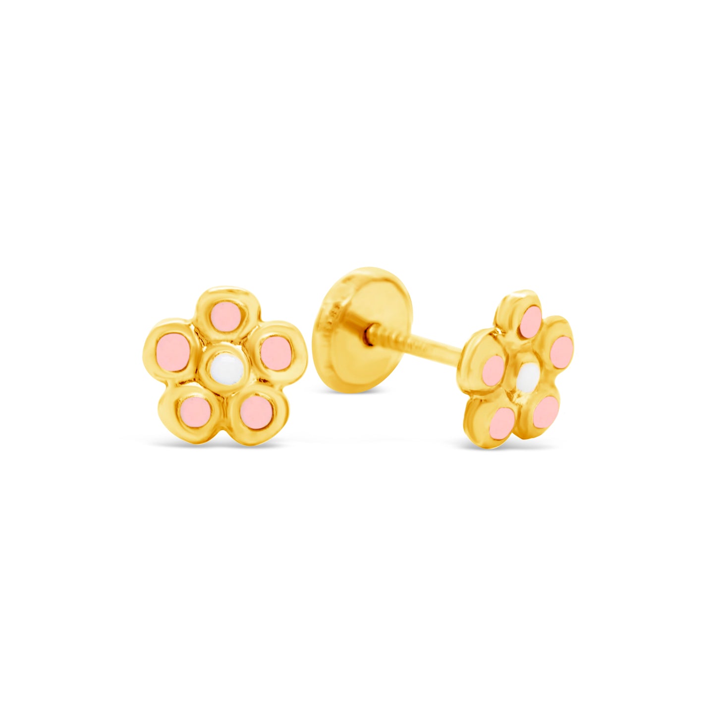 14K Yellow Gold Pink and White Flower Enamel Screwback Earrings