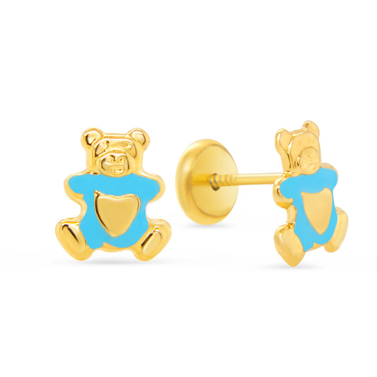 14K Yellow Gold Light Blue Teddy Bear Enamel Screwback Earrings